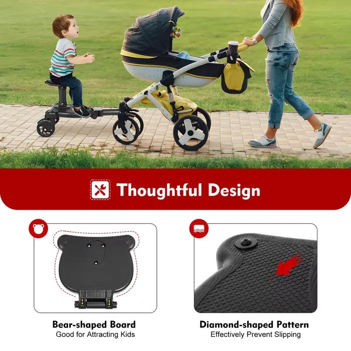 Planche de poussette 2-en-1 avec siège, longueur et hauteur réglables, capacité de 25 kg, connecteur