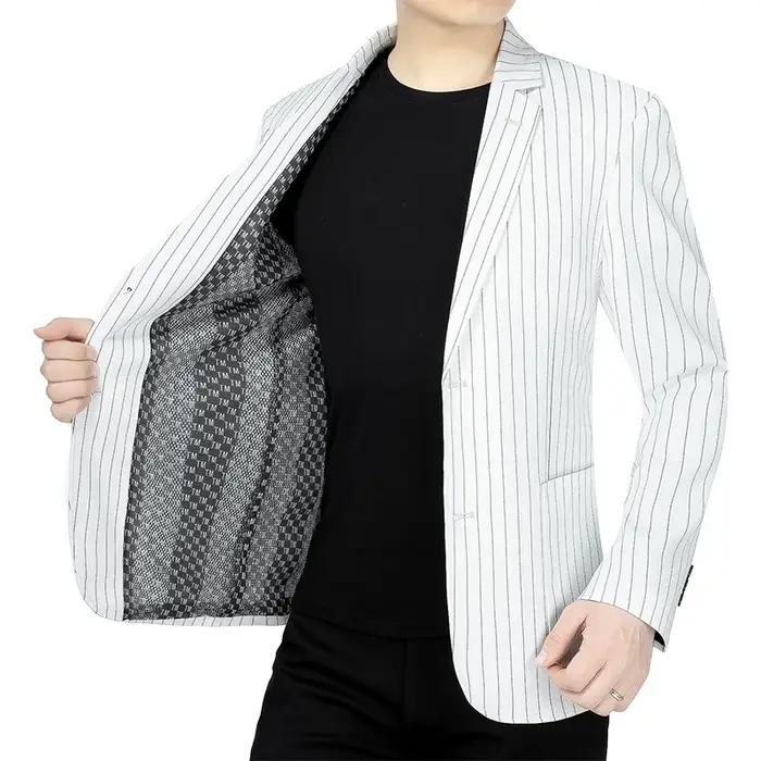 Blazer Homme Printemps-Automne Rayé Fin Col Rabattu Veste de Costume Respirante à Manches Longues av
