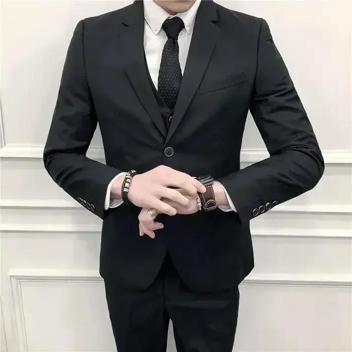 Costume (Blazer + gilet + pantalon) pour hommes, mode affaires, tendance en plein air, couleur unie,