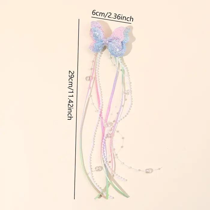 Pinces à cheveux avec nœud papillon à paillettes, 2 pièces, papillon arc-en-ciel avec de longues per