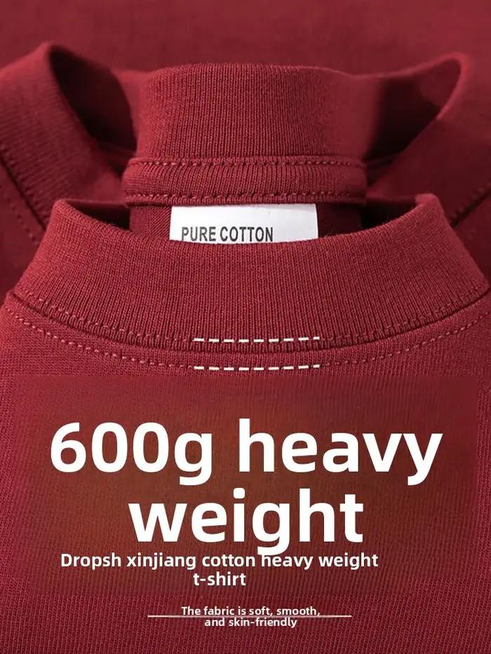 T-shirt en coton kaki épais 600G pour homme, style minimaliste, coupe ample décontractée, manches co