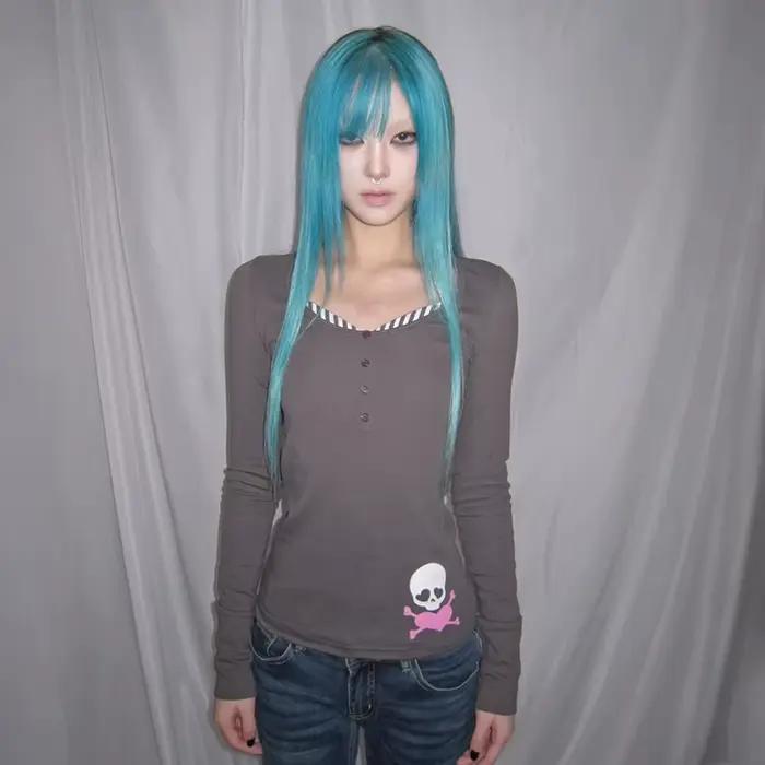 Karrcat Trashy Y2k T-shirt imprimé crâne Grunge esthétique faux deux pièces hauts Vintage années 200