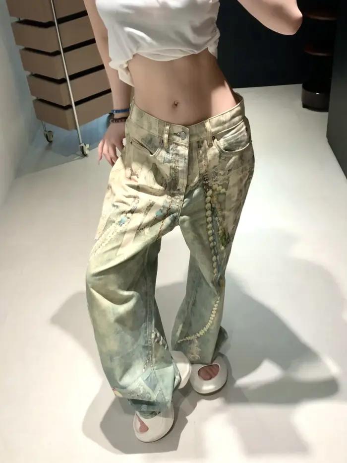 25SS dentelle perle chaîne trompe l'oeil 3D imprimé 1981 jambe droite jean pour hommes et femmes rop