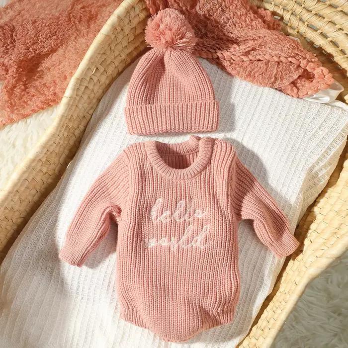 Ylsteed Hello World tricot nouveau-né photographie barboteuse avec chapeau à pompon assorti bébé gar
