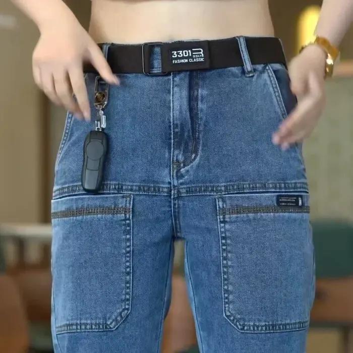 Jeans pour homme à six poches, fins, pour le printemps et l'été, coupe droite élastique, décontracté