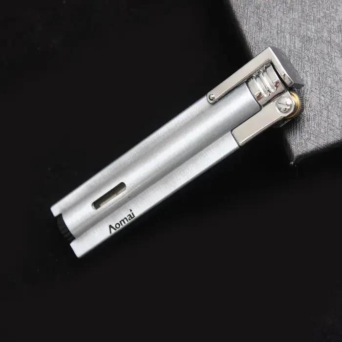Briquet métallique à gaz rechargeable, couvercle ouvert personnalisé, longue meule, feu fixe, poinçon droit, différents styles