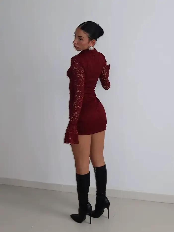 Ahagaga Sexy dentelle femmes Mini robes solide pure évider col roulé manches longues évasées gaine m