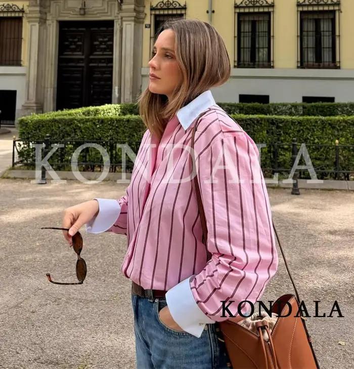 Chemises décontractées à rayures roses KONDALA pour femmes, chemises tendance à boutons et revers po