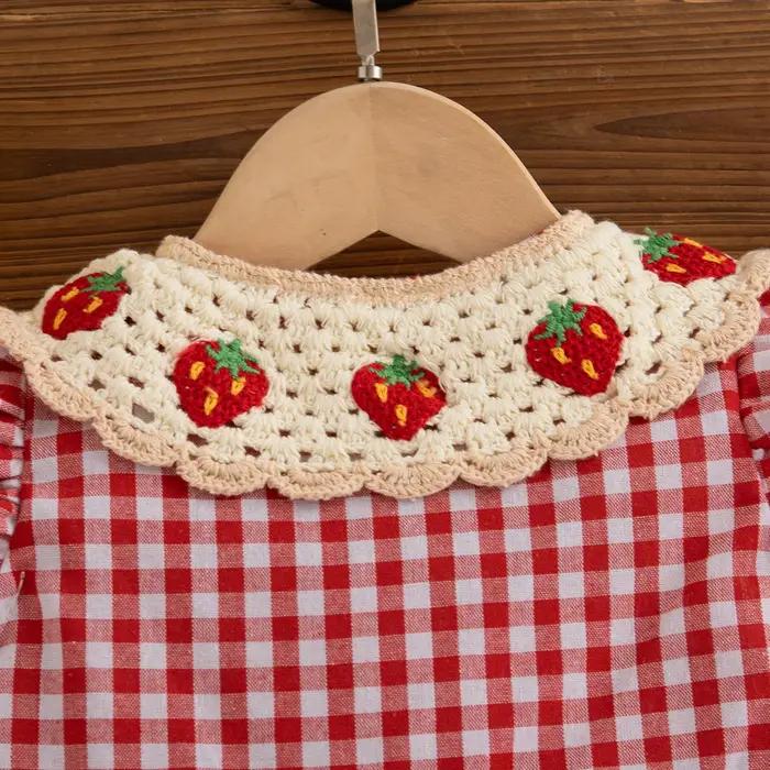 Robe d'été en coton à carreaux rouges pour bébé fille, jolie robe de plage à revers fraise