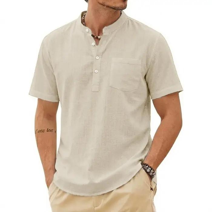 Chemise d'été décontractée pour homme à manches courtes, en lin de luxe uni, tendance, respirante, a