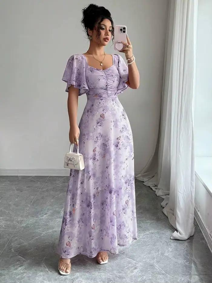 Mini robe de style français pour femmes, avec imprimé papillon violet, manches chauve-souris et ferm