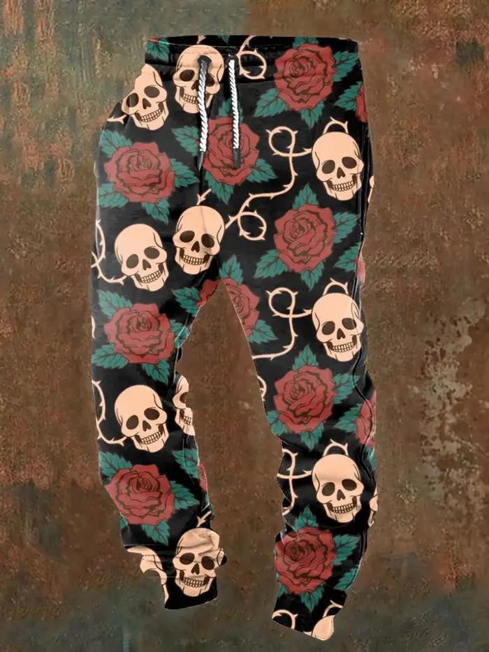 Pantalon de jogging décontracté pour hommes avec cordons de serrage et imprimés de crânes d'Hallowee
