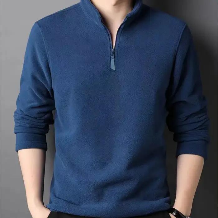 Polos chauds en laine d'agneau pour hommes, sweat-shirt, col montant, demi-fermeture éclair, manches