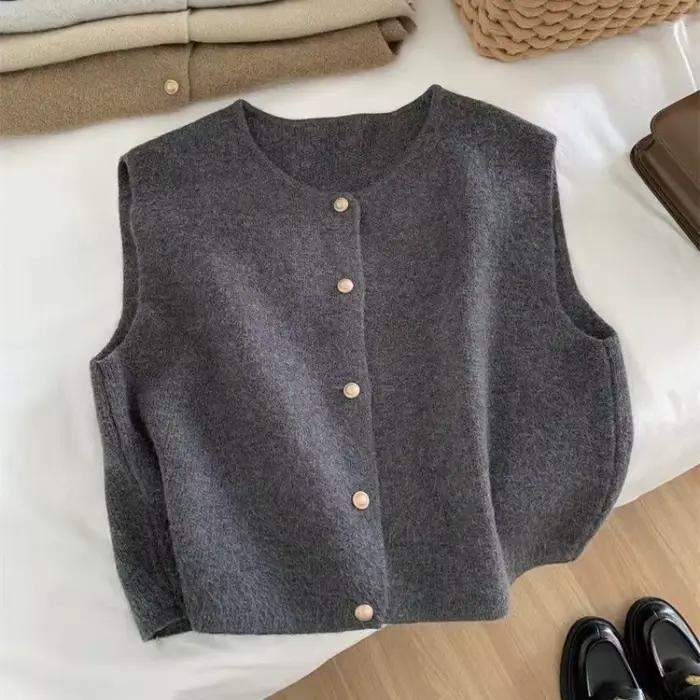 Cardigan coréen à col ras du cou pour femmes, boutons solides, manches courtes, manteaux, pull trico