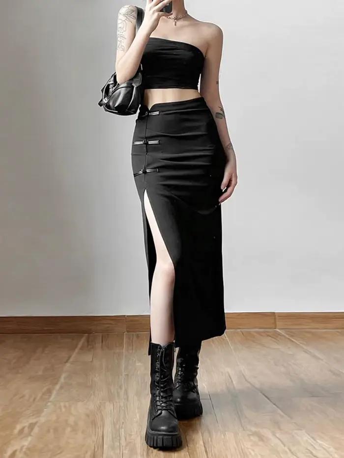 Jupe noire Sexy fendue, Simple, décontractée, assortie avec tout, pour sortie de rue, Cool, Mature,