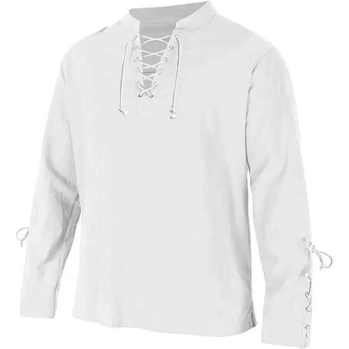 Chemises à manches longues pour hommes, à lacets, col en v, manchette, Pirate médiéval, Streetwear,