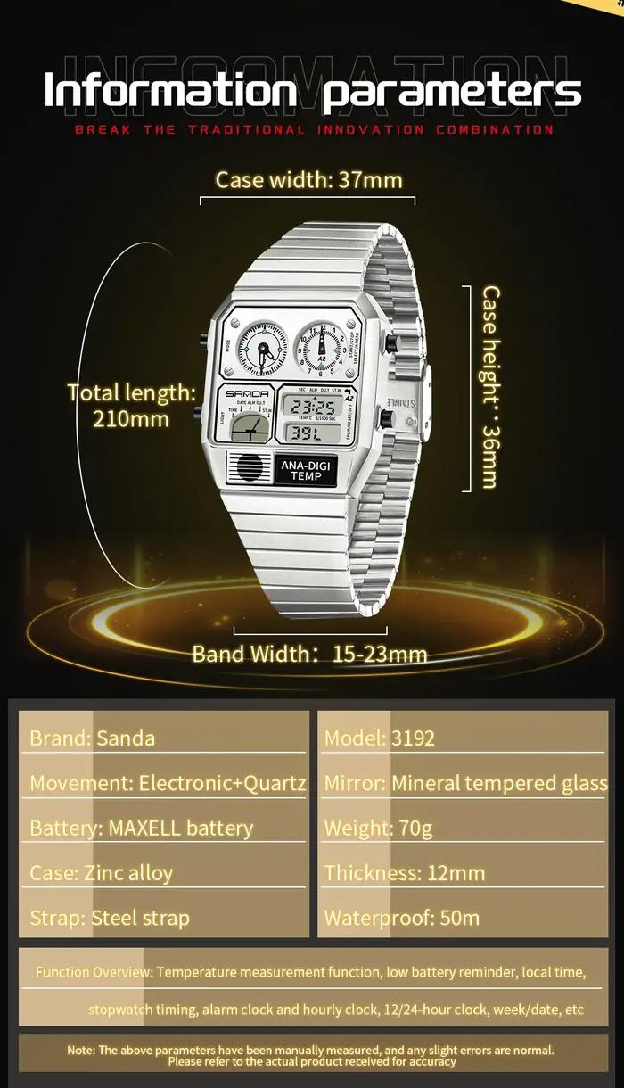 SANDA nouveau 3192 montre électronique carrée pour hommes LED étanche thermomètre chronomètre pour m