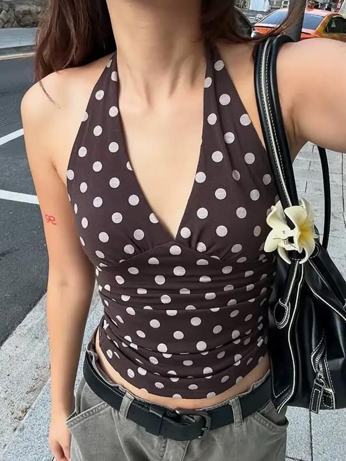 Gilet imprimé chat étrange à pois pour femmes, Y2K, dos nu, col en v, slim, tendance d'été, quotidie