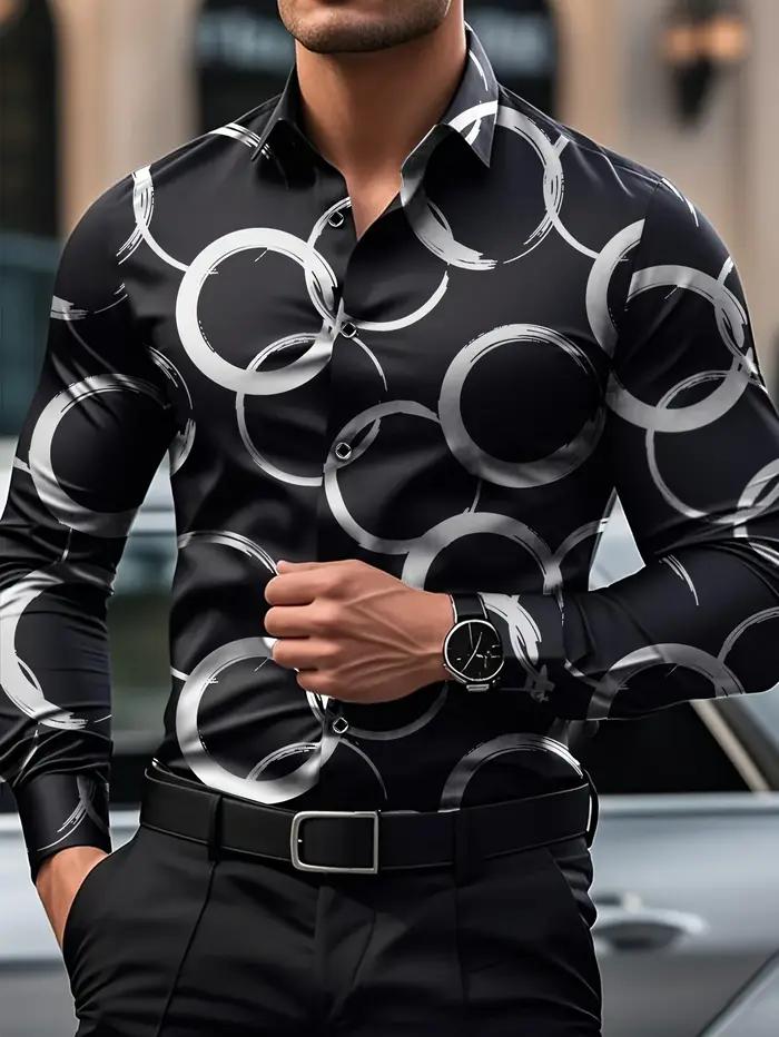 Chemise élégante à manches longues pour hommes à imprimé géométrique, chemise boutonnée décontractée
