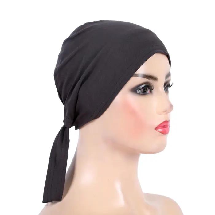 H048 coton uni cravate dos chapeaux Turban musulman couleur Pure extensible intérieur Hijabs sous-éc