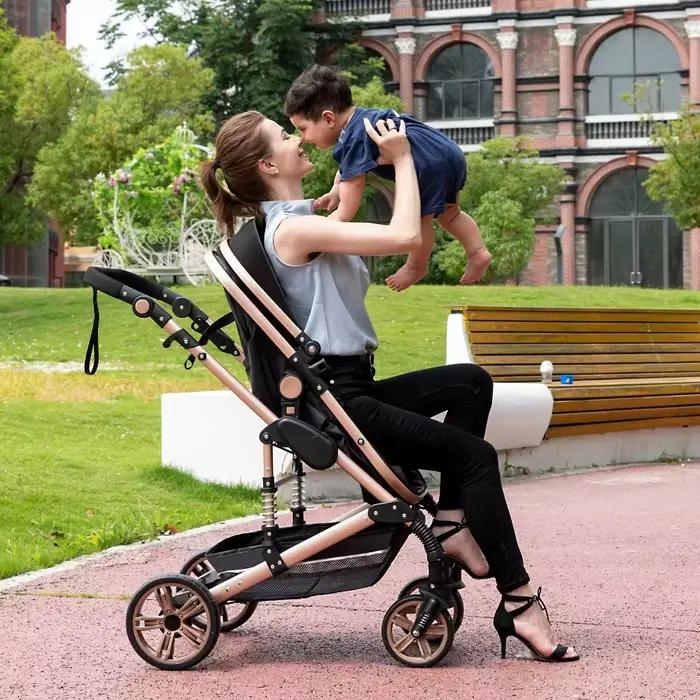 Système de voyage pour bébé 3-en-1 de luxe : poussette, landau haute position, pliage en un clic, mo
