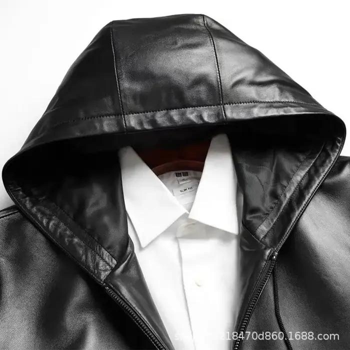 Veste en cuir véritable pour hommes, manteau court en peau de mouton avec capuche, vêtements décontr