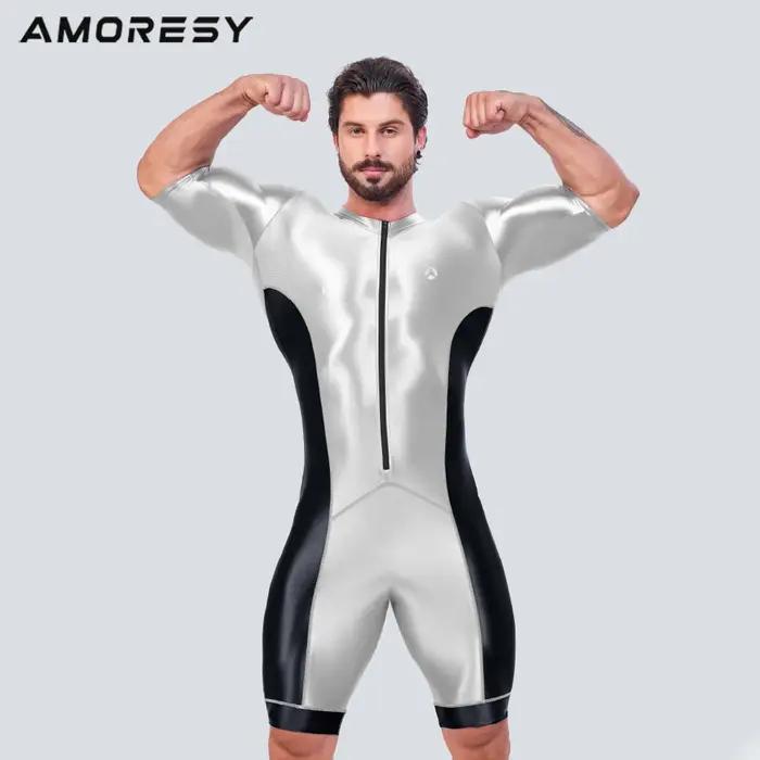 AMORESY hommes lisse Satin course Catsuit demi manches body Yoga sport cyclisme salopette survêtemen