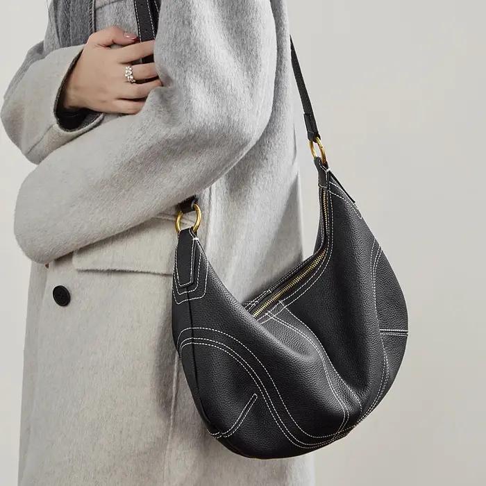 HIFASHION Sacs à bandoulière demi-lune en cuir de vachette véritable pour femmes, tendance 2026, sac