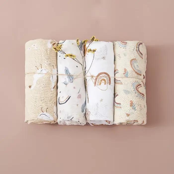 Couverture d'emmaillotage bébé en mousseline bambou - Serviette de bain douce nouveau-né - Sac de couchage 4 pièces