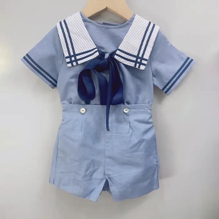 Costume de marin pour garçons et filles, uniforme court bleu marine, ensemble de cravates rayées, ro