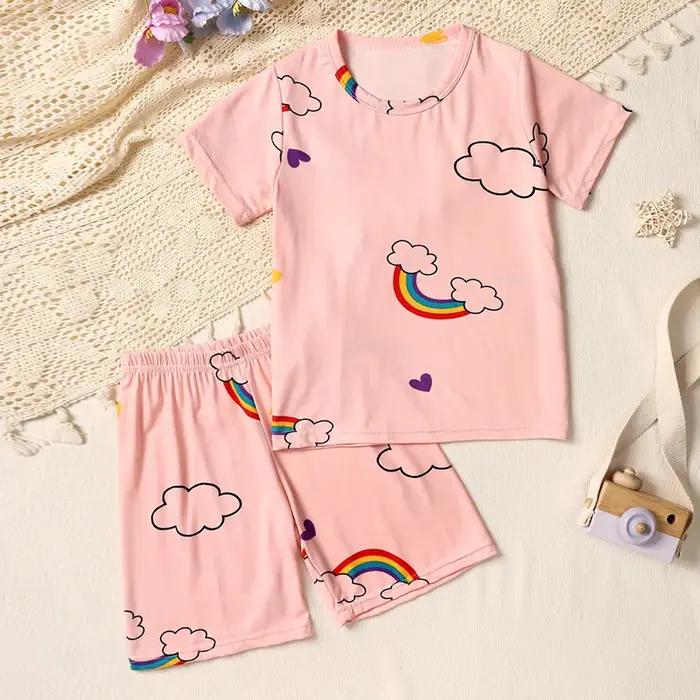 Costume été 2 pièces enfant imprimé dinosaure Joker confortable fille manches courtes rose