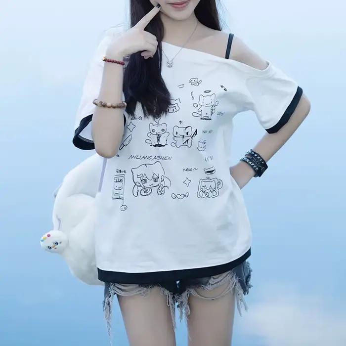 Japonais Y2k sous-culture mignon T-shirt épaules dénudées blanc à manches courtes été T-shirt femme