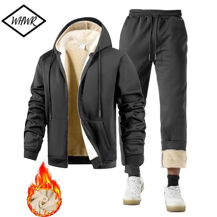 Costume deux pièces pour hommes, survêtement en peluche épais, veste de sport chaude + pantalon, com