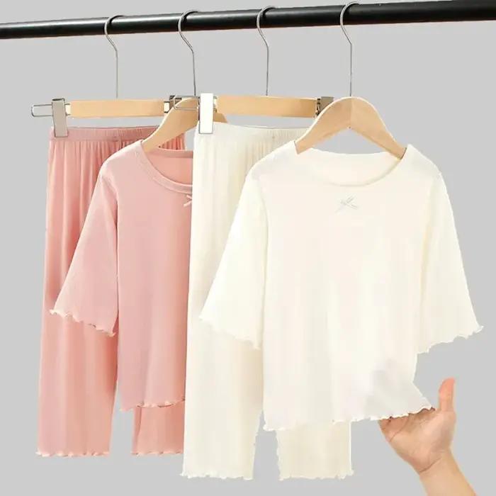 Ensemble de soie glacée pour filles, vêtements de maison fins pour enfants, vêtements d'été pour enf