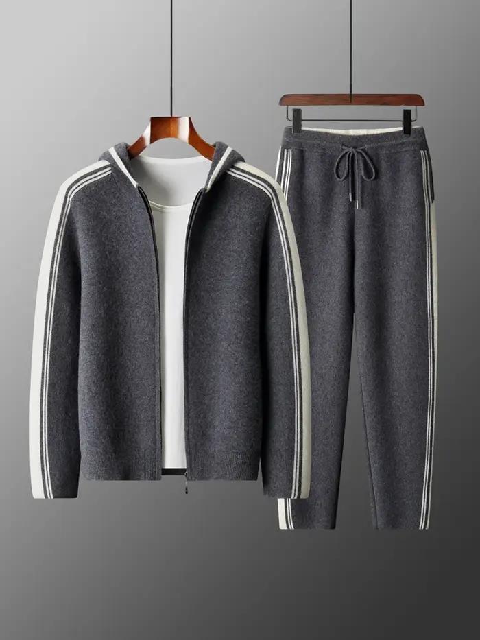 Ensemble deux pièces 100% laine mérinos pour hommes, Cardigan à col à capuche avec fermeture éclair