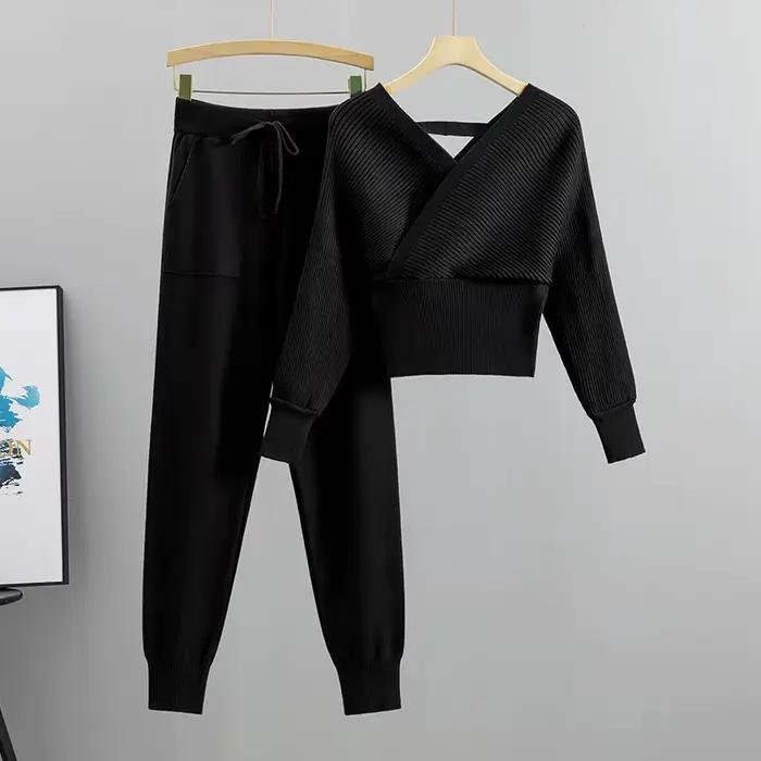 Ensemble deux pièces pour femme, survêtement élégant, Sexy, Style coréen, tricoté, côtelé, dos nu, L
