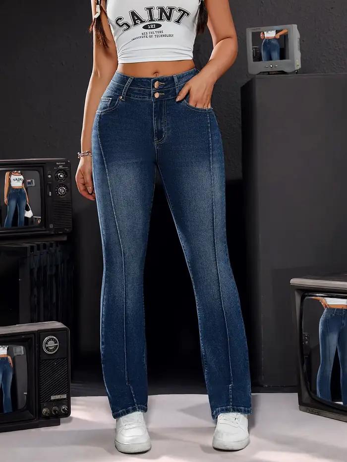 Pantalon en jean stretch taille haute pour femme, détails à double bouton, coupe confortable, jambe