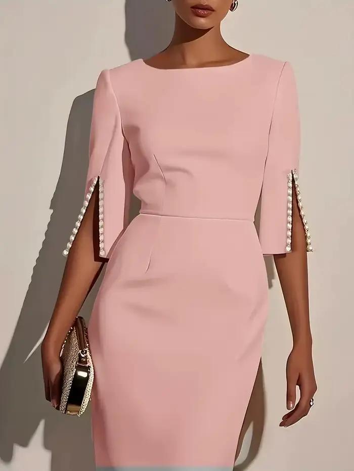 Robe mi-longue élégante pour femmes, couleur unie, col rond, demi-manches, décorée de perles, coupe