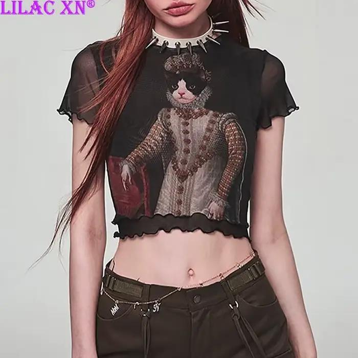 Y2K-T-shirt à manches courtes en maille de dentelle pour femmes, haut court imprimé chat, transparen