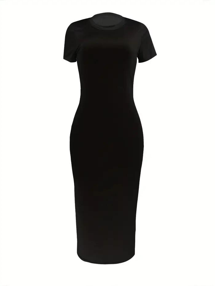Femmes d'été décontracté mode coupe ajustée sexy couleur unie col rond manches courtes robe longue n