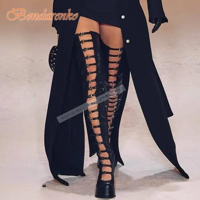 Boucles creuses sangles sandales bottes été dames chaussures concepteur bout rond gros talons hauts