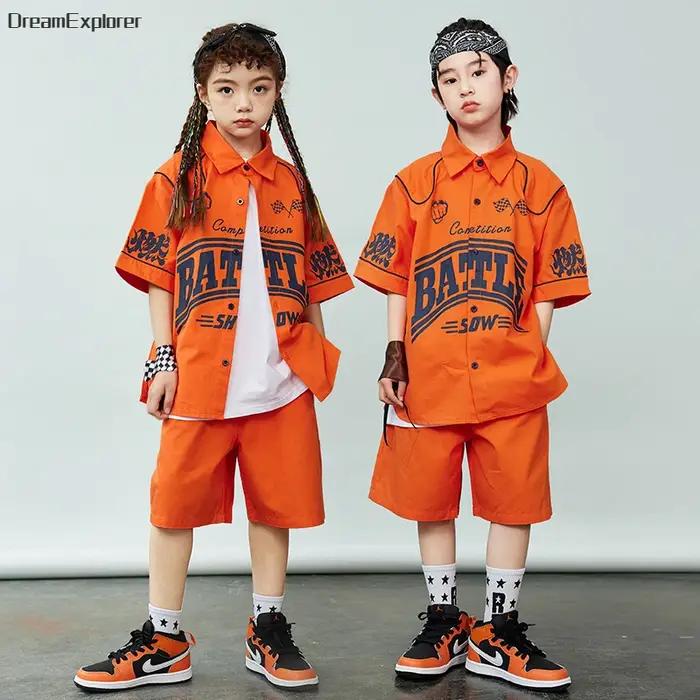 Chemise orange à manches courtes pour garçons et filles, ensembles de vêtements Hip Hop, shorts de d