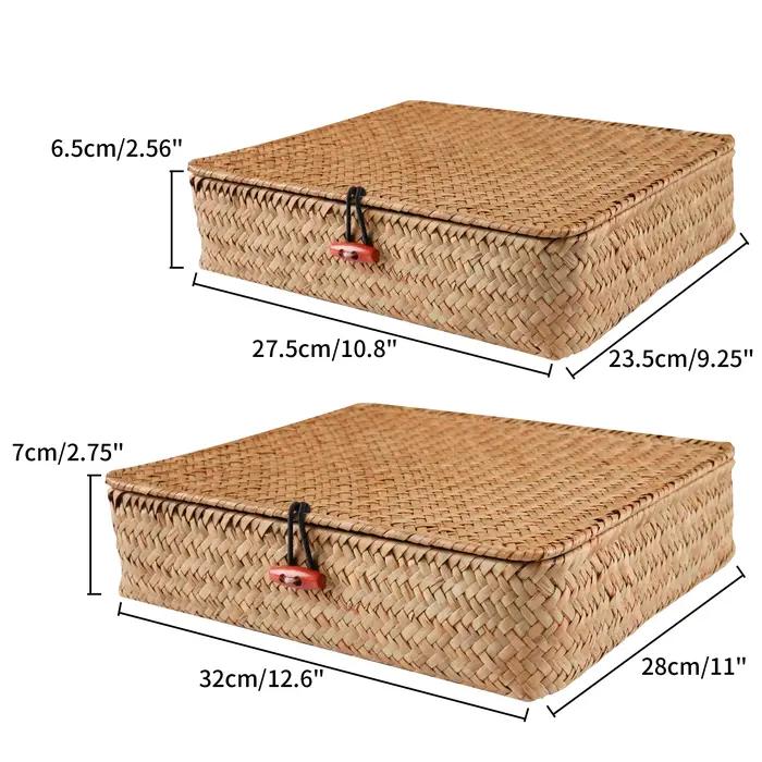 Paniers en jonc de mer avec couvercle, 2 pièces, panier de rangement en osier, bacs de rangement pla