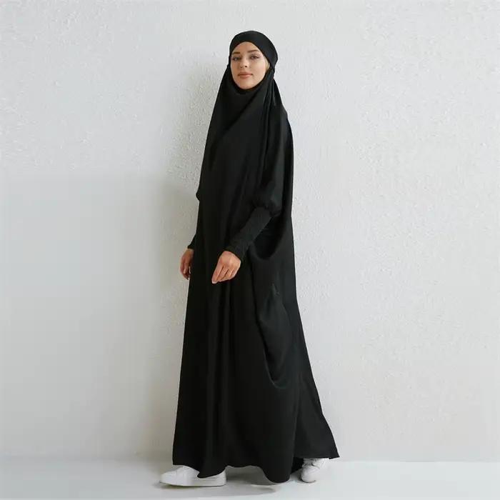 Abaya musulman à capuche manches smockées une pièce Robe de prière femmes Jilbab vêtements islamique