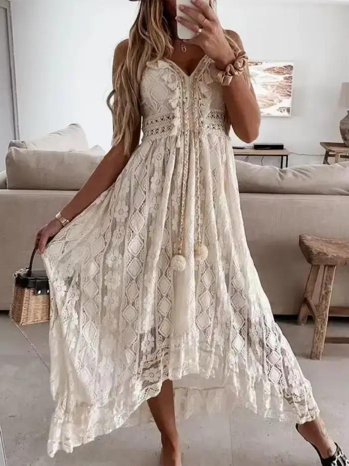 Robe longue en dentelle sans manches pour femmes, mode d'été, Sexy, plage, vacances, col en V, ajour