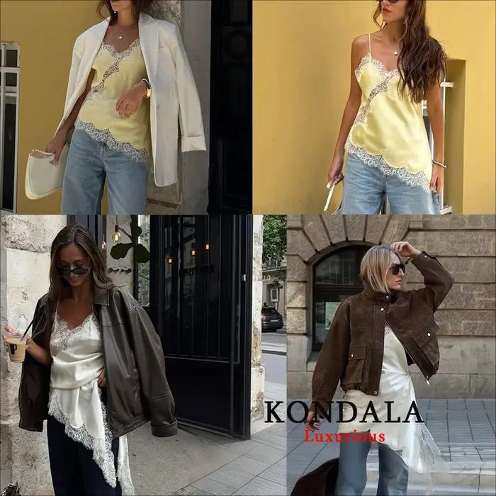 KONDALA Sexy Chic noir dentelle haut caraco femmes col en V Patchwork sans manches Y2K haut pour fil