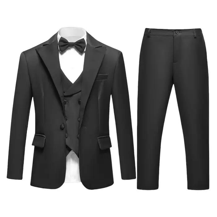 Ensemble de smoking formel noir pour garçons, veste, gilet, pantalon, nœud papillon, vêtements de sp