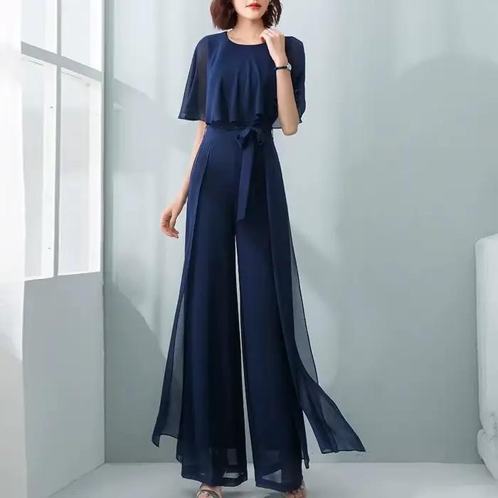 Combinaison longue en mousseline de soie pour femmes, manches feuille de Lotus, ensemble à jambes la