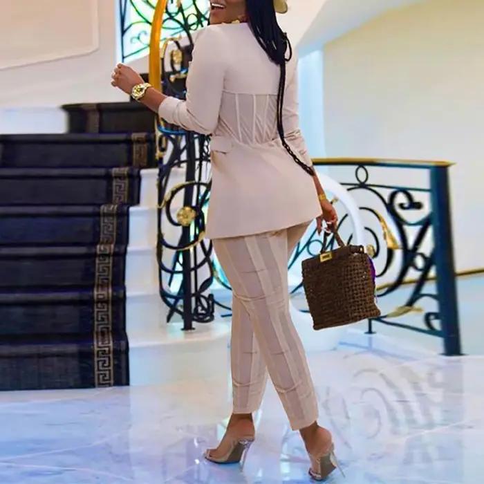 Ensemble 2 pièces imprimé pied-de-poule imbibé pour femme, blazers à poitrine cachée, pantalon crayo