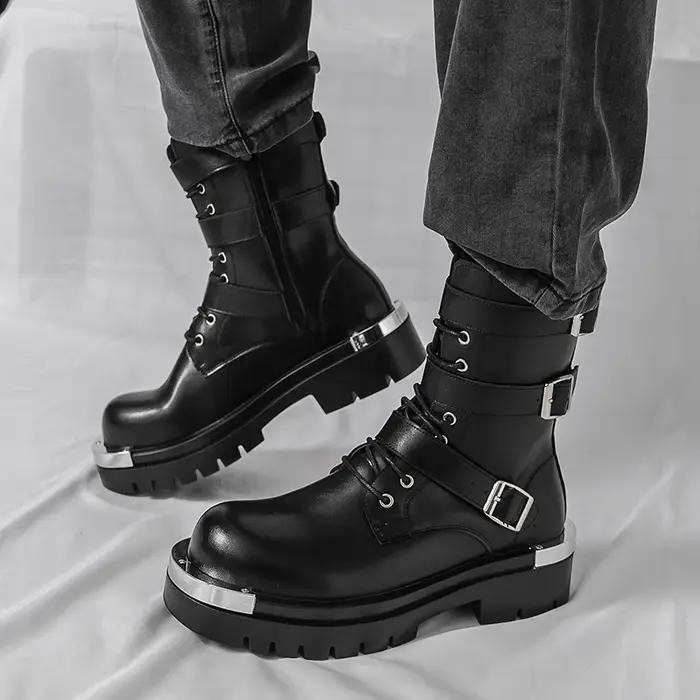 Bottes Chelsea pour hommes, couleur unie, semelle épaisse, hauteur augmentant, haut en métal, gros o